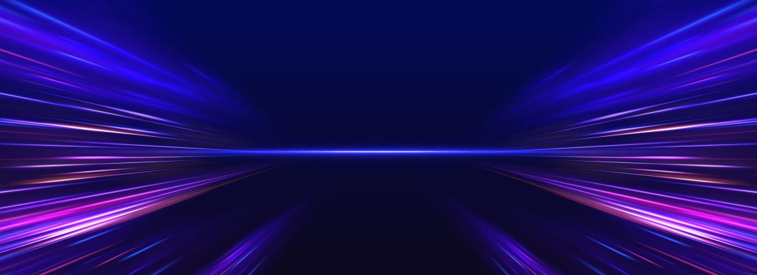 Panoramic High Speed Technology Concept, Light Abstract Background. Image Of Speed Motion On The Road. Abstract Background In Blue And Purple Neon Glow Colors.
