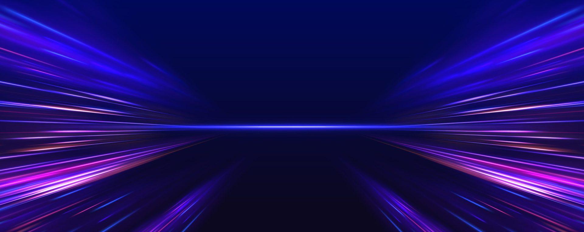 Panoramic High Speed Technology Concept, Light Abstract Background. Image Of Speed Motion On The Road. Abstract Background In Blue And Purple Neon Glow Colors.