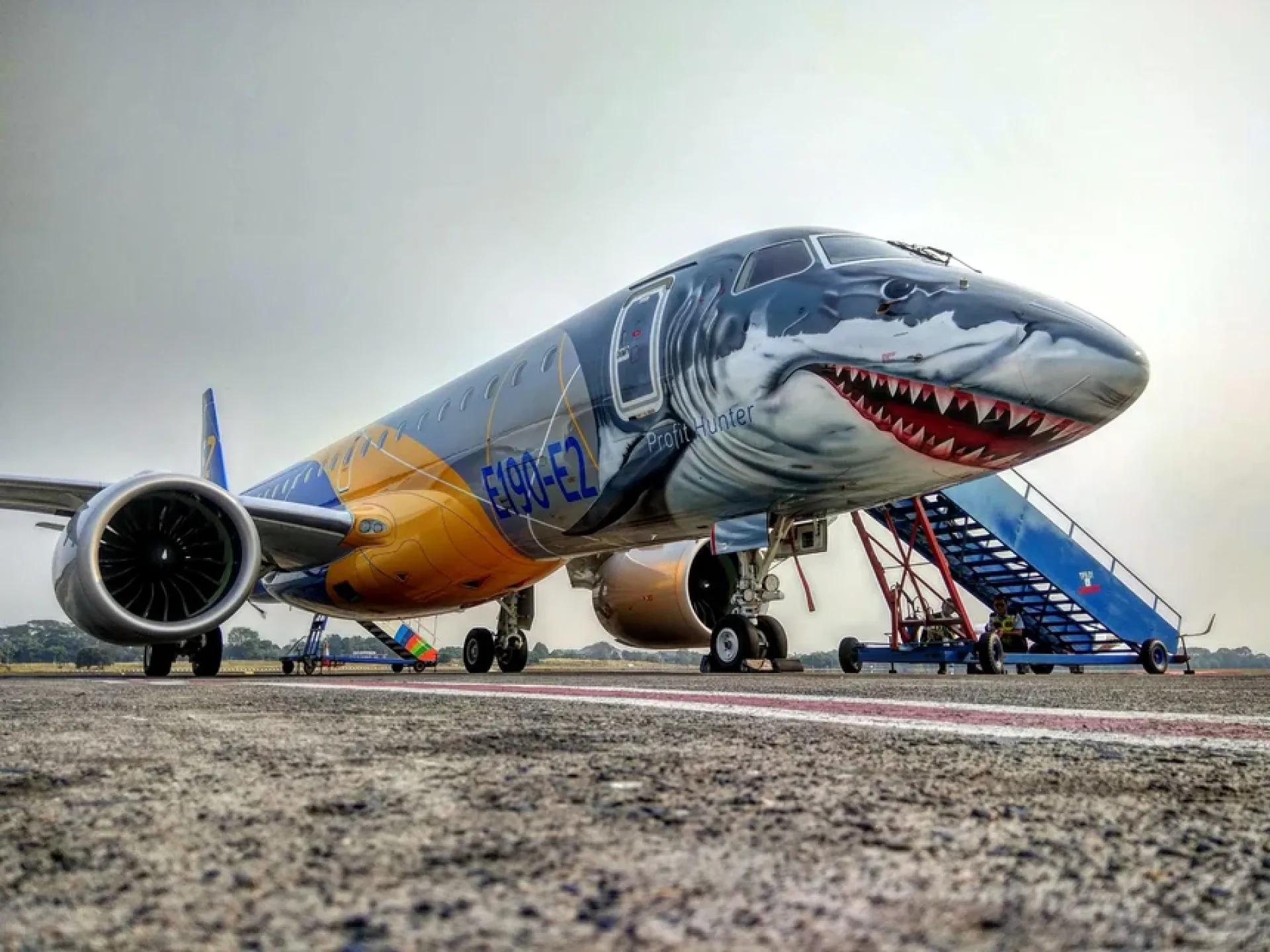 An airplane with a shark design on it
