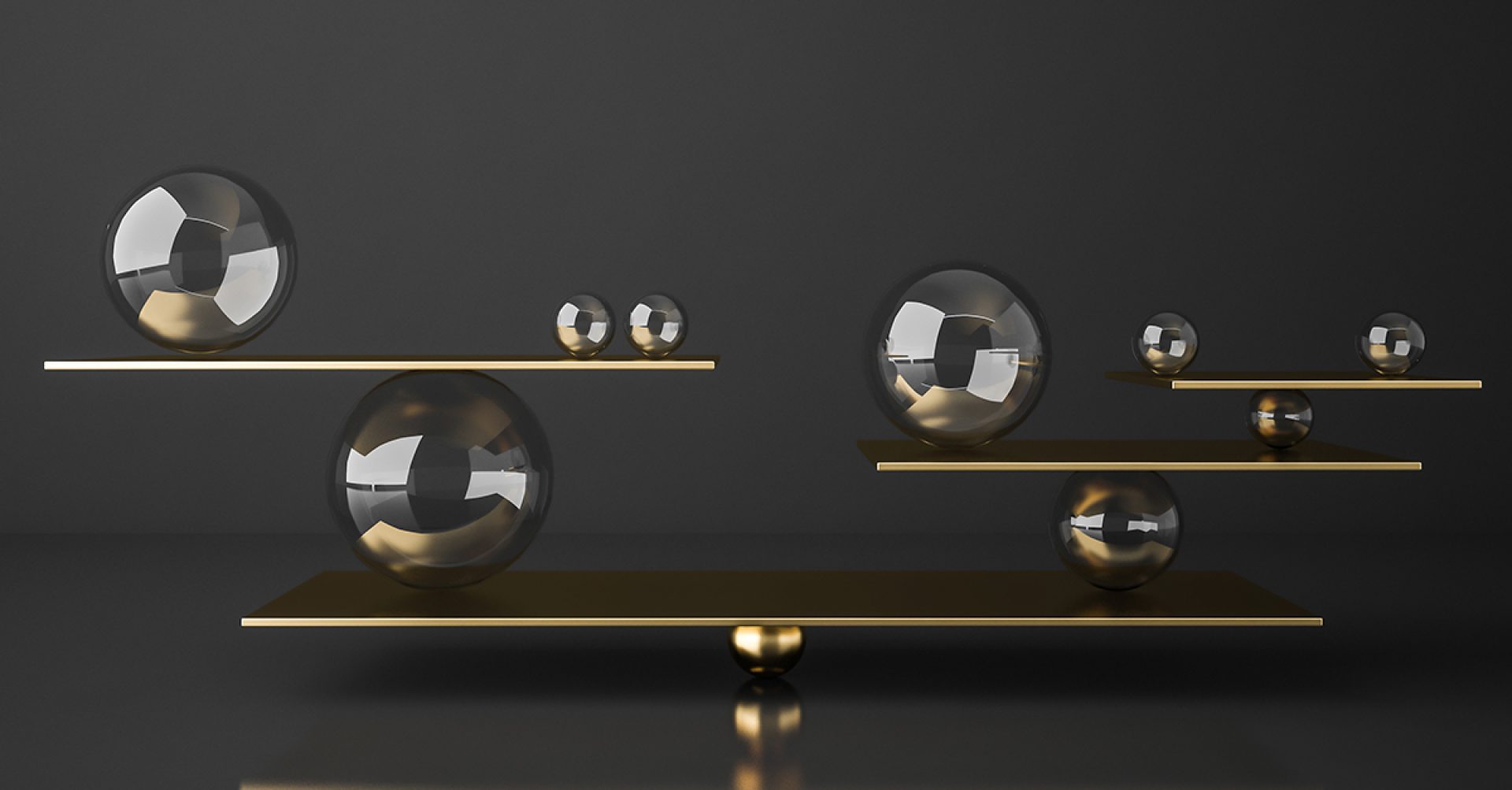 Gold balanced seesaw with glass spheres of different sizes over gray background. Concept of balance. 3d rendering