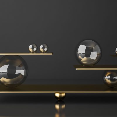 Gold balanced seesaw with glass spheres of different sizes over gray background. Concept of balance. 3d rendering