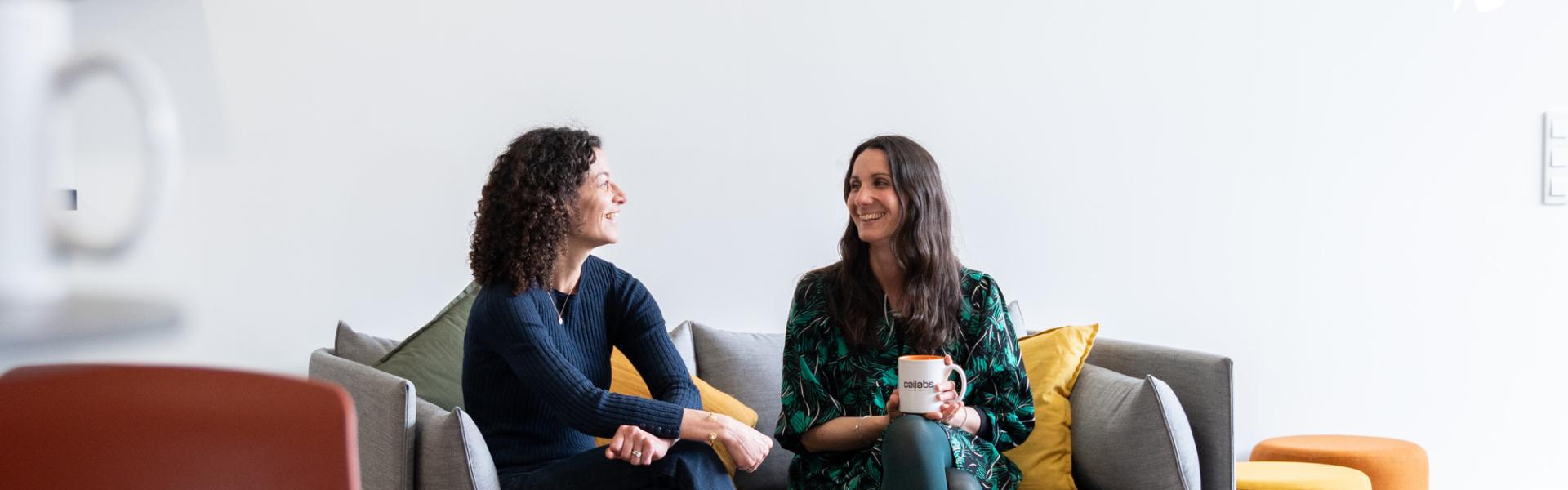 Angélique HERNOT, our head of human ressources, sitting and chatting at our offices in Rennes with Mannaïg DELANOË, our HR officer.