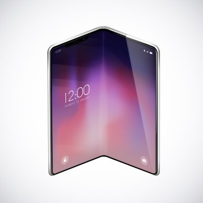 New foldable smartphone concept, prototype with advertisment background.