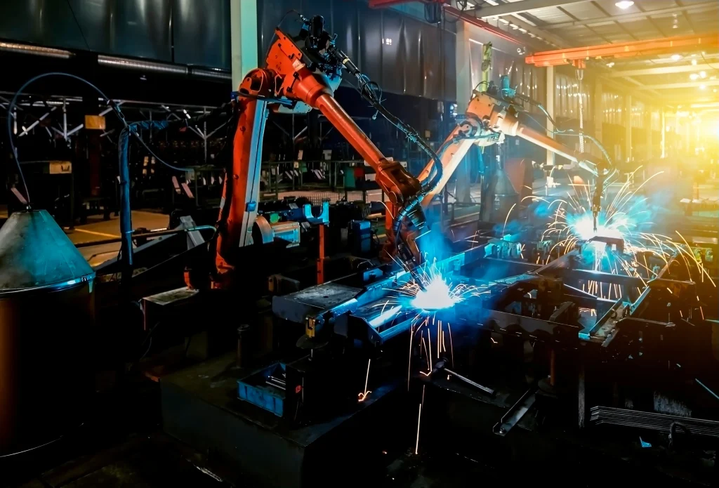 Large Factory Robotic Arms Are Spraying Sparks To Weld Car Frames